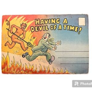 Having A Devil of a Time Comic Strip Linen Postcard Filter Vintage